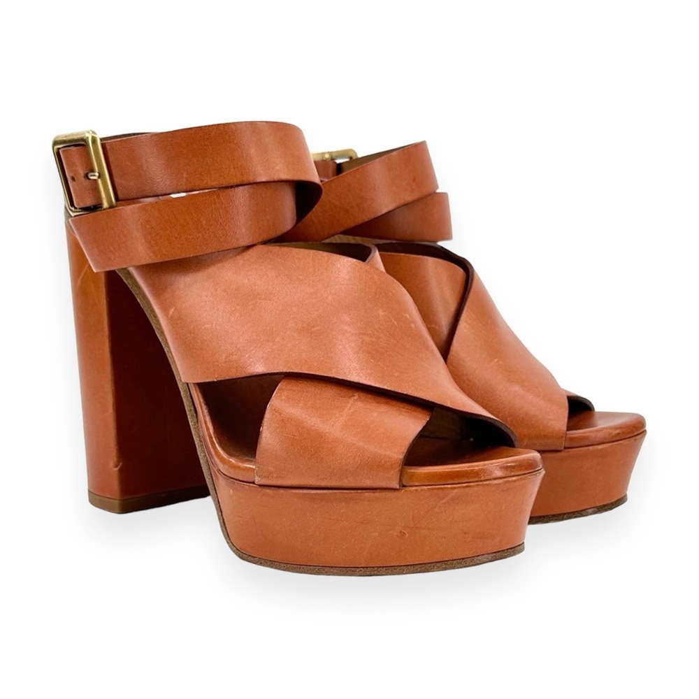 Chloe Brown Crisscross Strap Block Heel Platform Leather Sandals sz 37.5